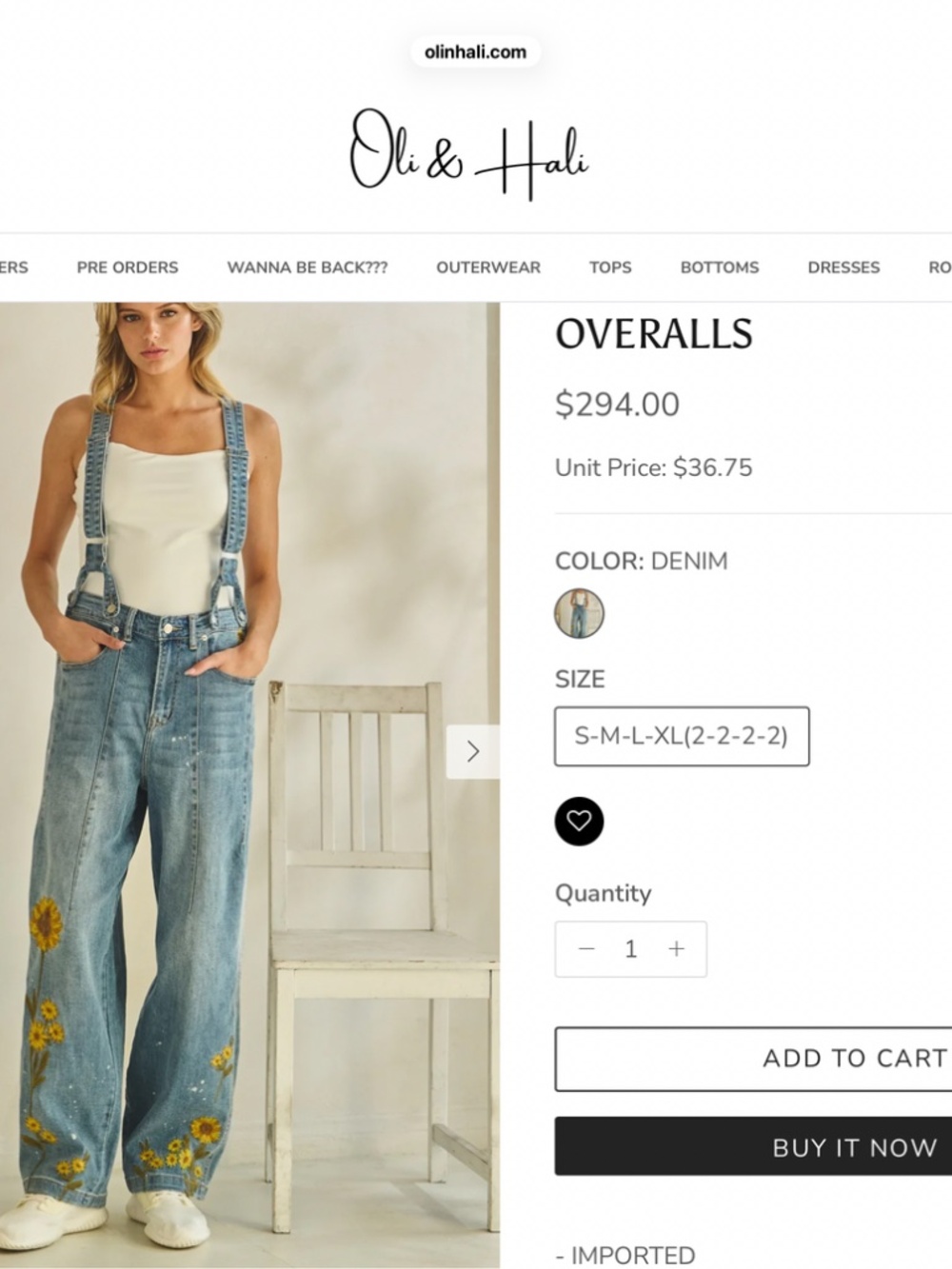 Oli & Hali Light Blue Denim Floral Embroidered Wide-Leg Overalls - Picture 2 of 11